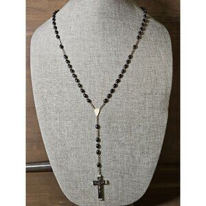 26" Rosary Necklace in Balck and Silver Tone Crucifx